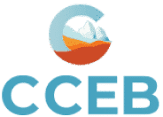 Logo CCEB : un C stylisé bleu clair entourant des icebergs/montagnes blanches et un paysage ocre. Texte "CCEB" en dessous.