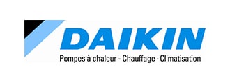 Logo Daikin bleu avec emblème triangulaire, présentant les services : Pompes à chaleur, Chauffage et Climatisation.