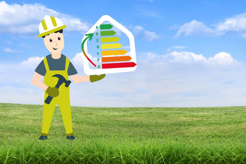 Ouvrier souriant avec marteau présentant un classement énergétique maison (A à G) et flèche d'amélioration, sur fond de champ et ciel.