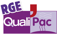 Logo RGE Quali Pac violet et blanc, certification professionnelle pour les installateurs de pompes à chaleur (PAC) en France.