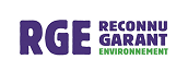 Logo RGE Reconnu Garant Environnement, un label de certification violet et vert pour la qualité environnementale.